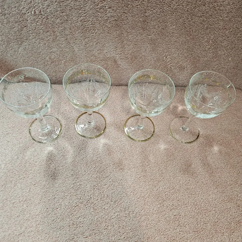 4 Vintage Bohemian Etched Crystal Cordial Glasses with Gold Trim & Floral Detail
